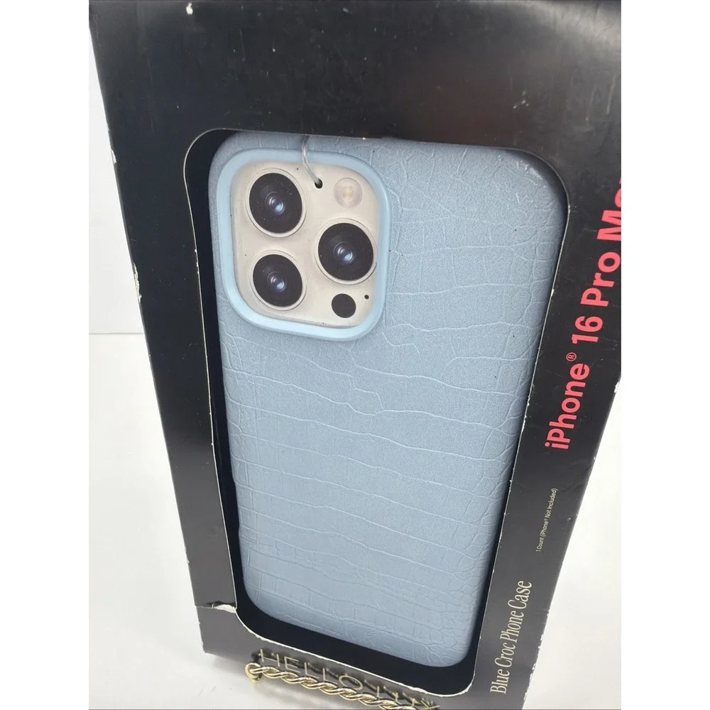 Hello Lux Blue Croc Faux Leather Phone Case for iPhone 16 Pro Max Dual Layer